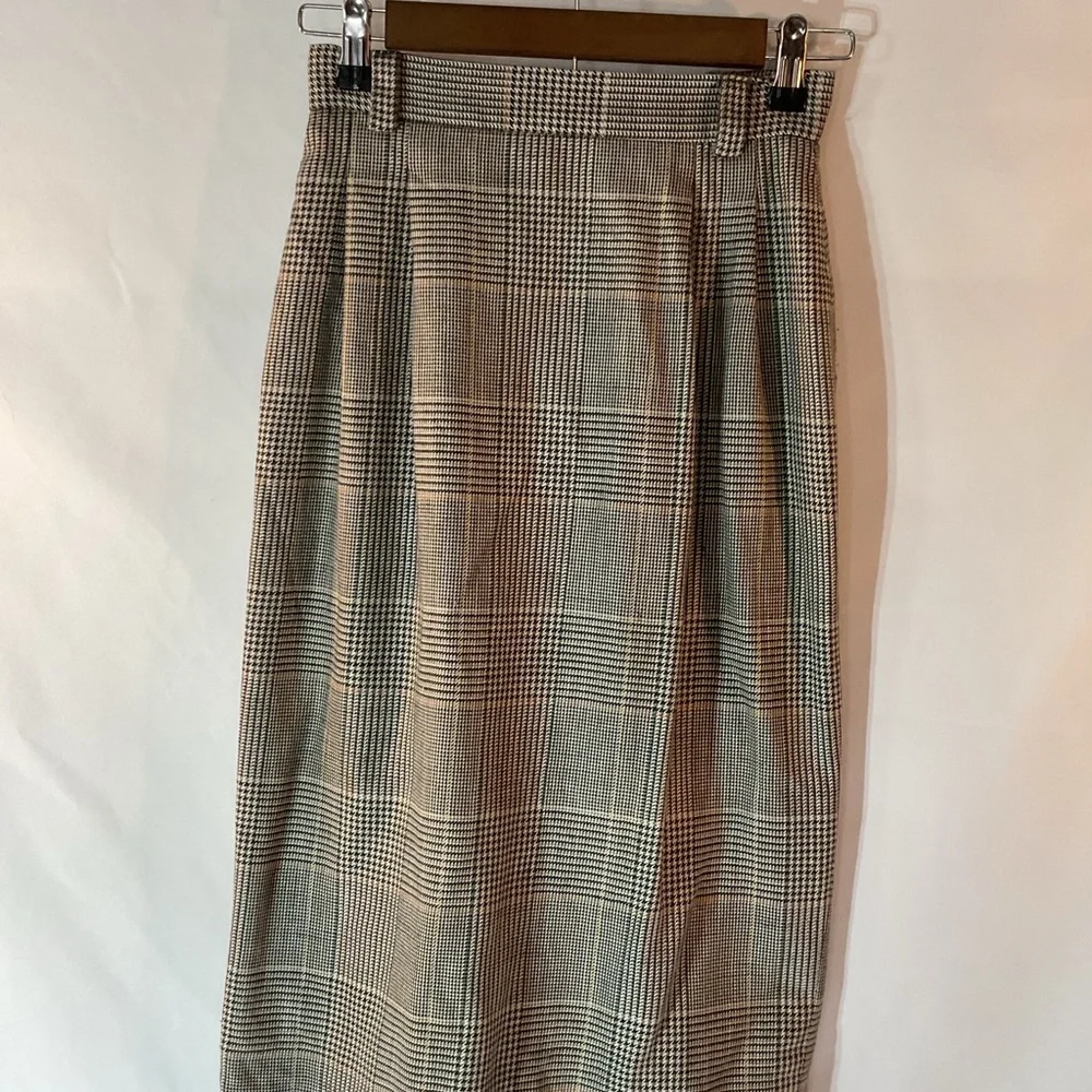 Vintage 4 Petite JH Collectibles Tan Plaid Midi Pencil Skirt USA Womens Union‎